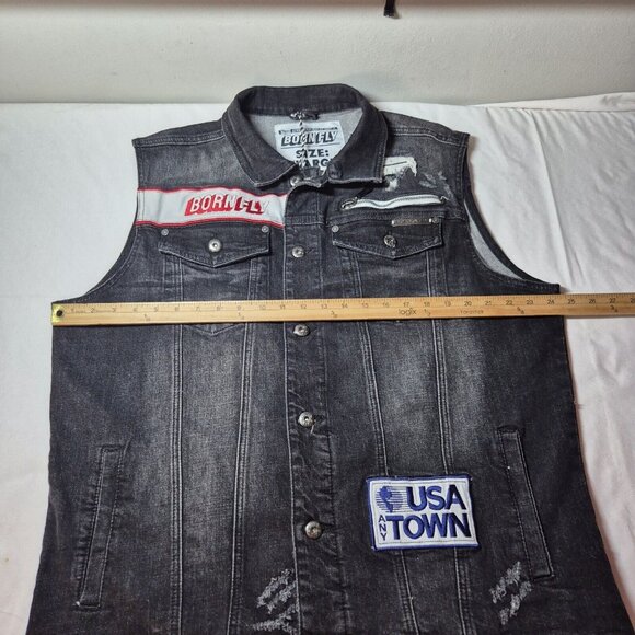 Born Fly Men's Denim Vest Size XL Black Wash Distressed News Paper (03) - Picture 9 of 13